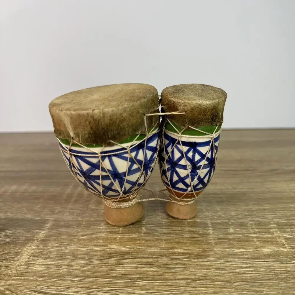 Vintage Hand-Painted Moroccan Tam-Tam Drums – Double Bongos Folk Art Miniature